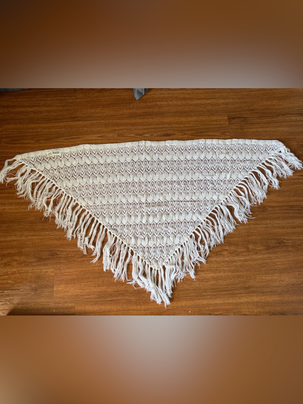 Fringed Knit Triangle Shawl in Cream and Taupe